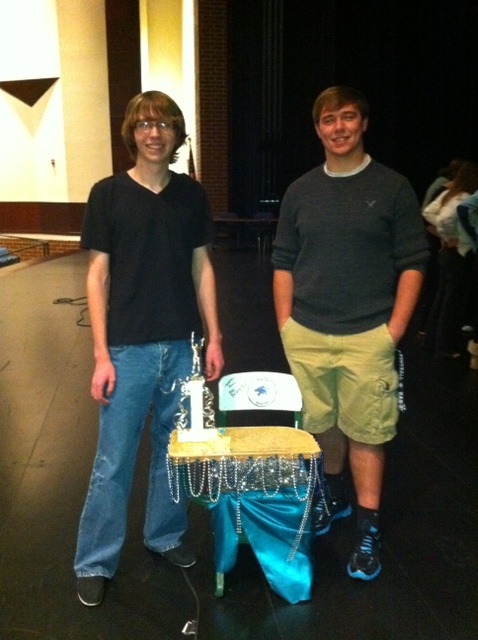 Seniors Conner Doyle and Grant Gershner win the prized chair trophy at the third annual Har-Bers Got Talent Oct. 20. Photo by Karla Sprague