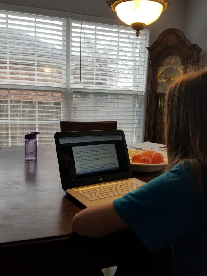 Sophomore Marissa Williams sits at her dining room table and works on assignments given to her during the first week of Alternative Means of Instruction, March 16. Students in AP classes, as well as regular classes, had to adjust to a new way of learning and preparing for AP tests. 