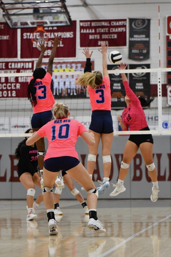 Seniors+Kenleigh+Hall+%2823%29+and+Caylan+Koons+%283%29+block+the+ball+against+the+Springdale+Bulldogs+on+Oct.+5.+The+Wildcats+defeated+Springdale+in+three+straight+sets+in+the+conference+match.+