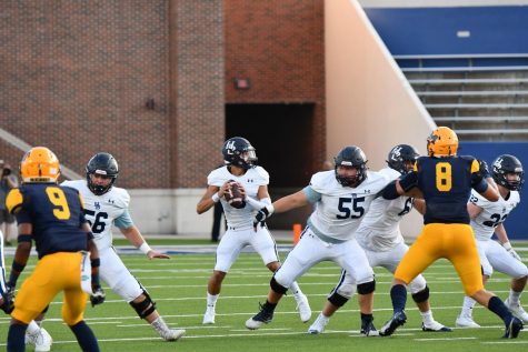 Senior center Jack Struebing (55) protects the line and the quarterback during a non-conference match-up again the McKinney (Tex.) Lions on Aug. 28. 