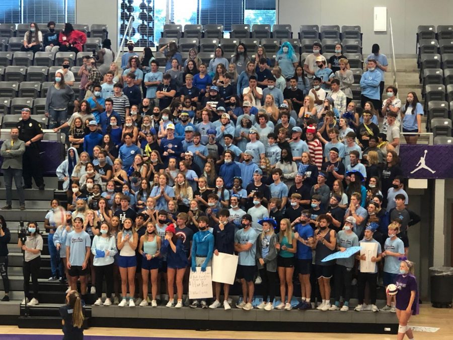 Leaders+of+the+Blue+Crew+rallied+students+for+an+away+game+against+the+Fayetteville+Bulldogs+on+Sept.+23.+The+volleyball+team+defeated+the+conference+rival+3-2+in+a+classic+showdown.+