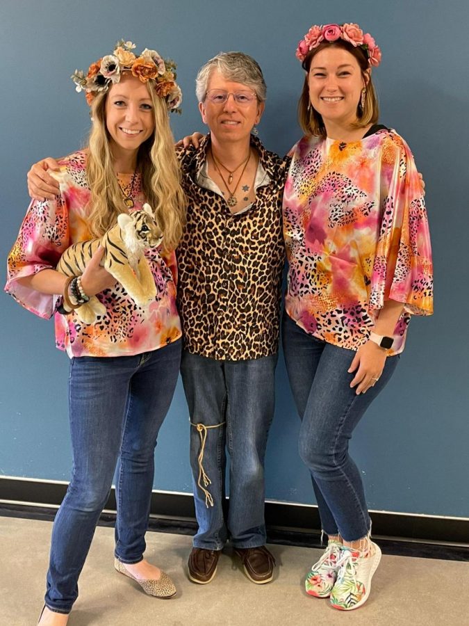 English teachers Allison Whitehouse, William Combs and RachelClaire Cockrell dress up for Tiger King Day as part of the 2021 Spirit Week. 