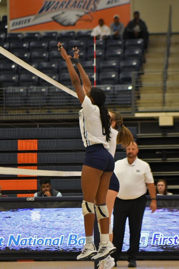 Junior middle Korlyn Hall goes up to block the ball against North Little Rock in the first round of that 6A State Tournment held at Heritage High School. 